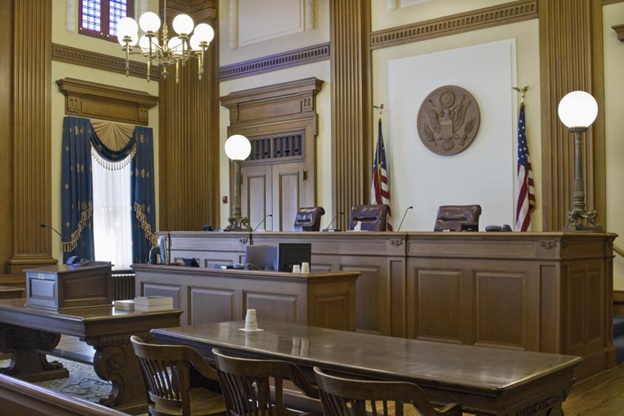 An empty courtroom in a courthouse