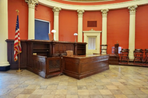  A courtroom ready for an initial hearing