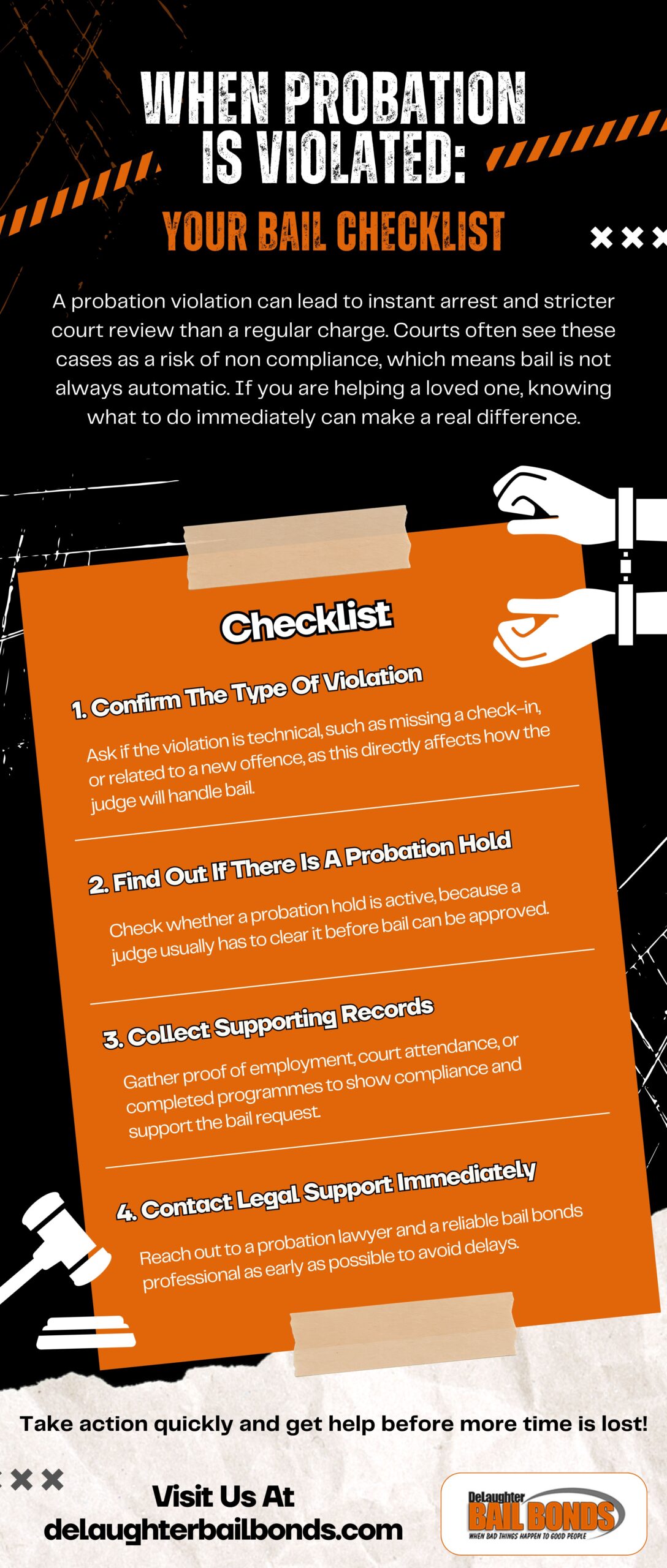 An infographic by DeLaughter Bail Bonds offering a step-by-step checklist for handling bail after a probation violation, including confirming the violation type, checking probation holds, collecting records, and contacting legal support quickly to prevent unnecessary delays.