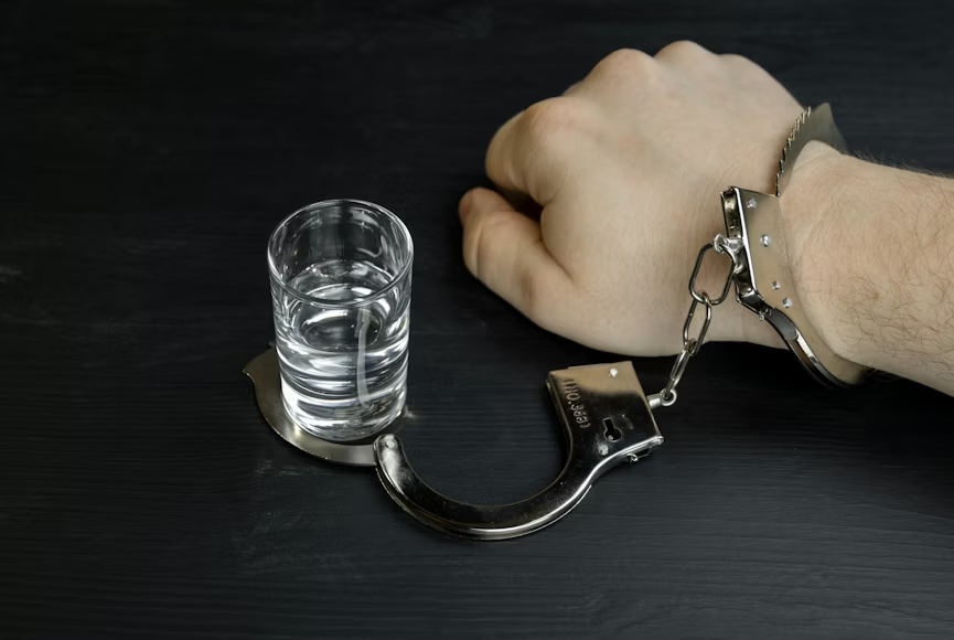 a hand in handcuffs next to a glass of water