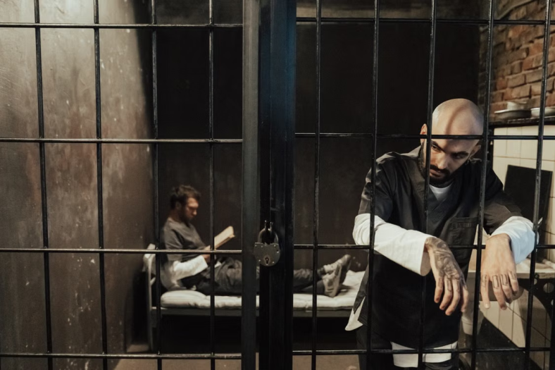 This photo shows a prisoner behind bars.