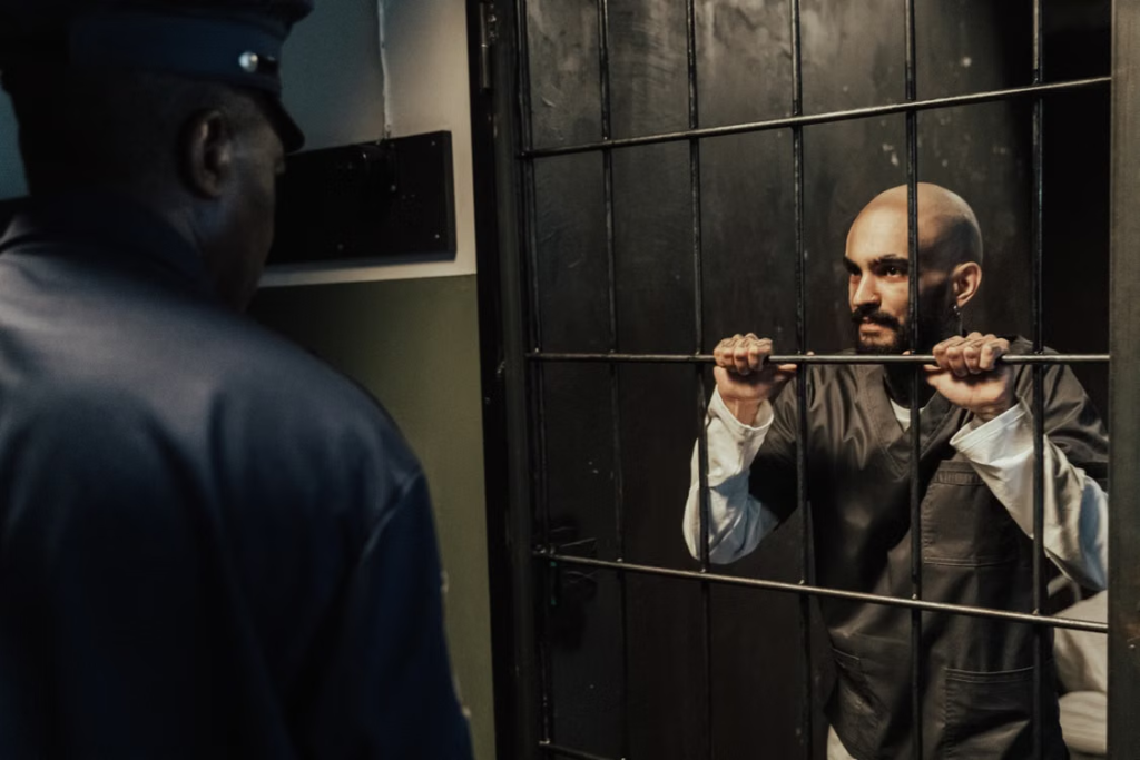 A prisoner behind bars.